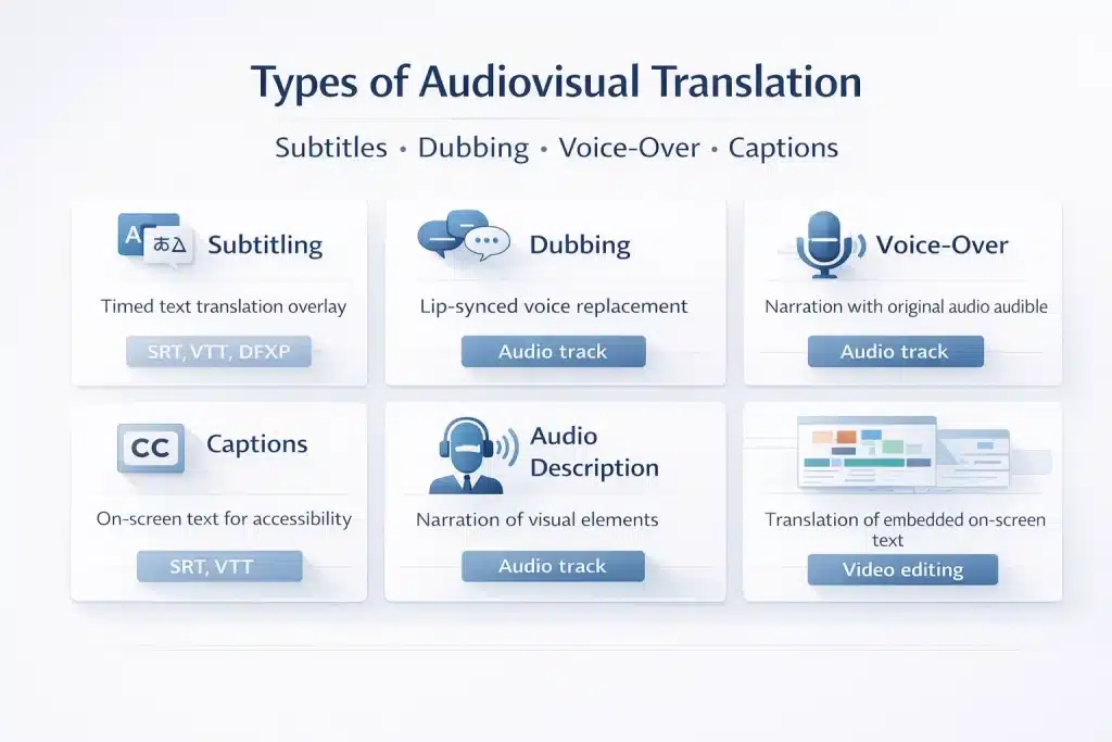 Audiovisual Translation Explained: Subtitles, Dubbing, Voice-Over & Costs 1 Types of Audiovisual Translation